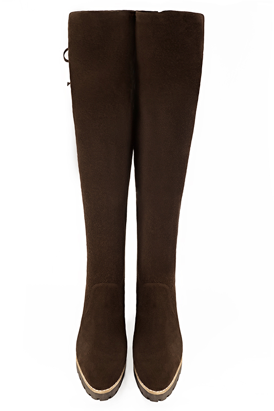 Dark brown women's leather thigh-high boots. Round toe. Low rubber soles. Made to measure. Top view - Florence KOOIJMAN